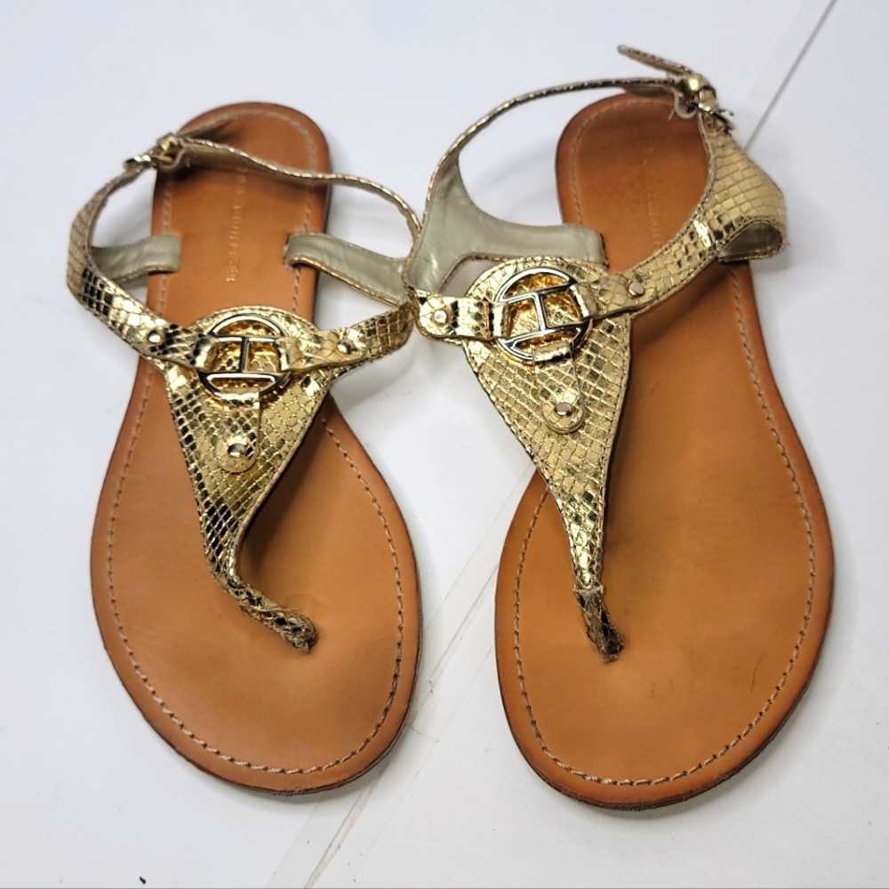 Tommy Hilfiger brand Flat T-Strap Gold Snake Skin Print Sandal